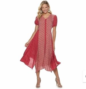 Sharagano Mixed Floral Rose & Magenta V-Neck Button-Down Sharkbite Hem Dress 12